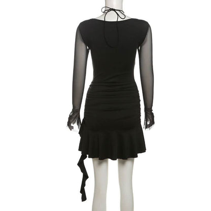Long sleeve halter mesh ruched ruffle mini dress