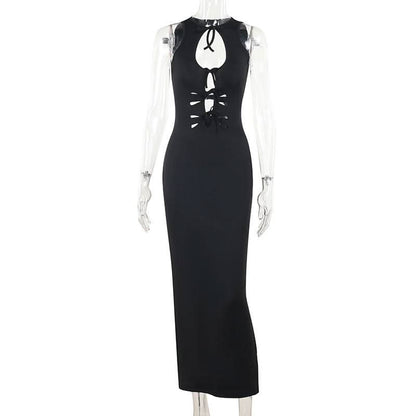 Self tie hollow out crewneck slit solid cut out midi dress