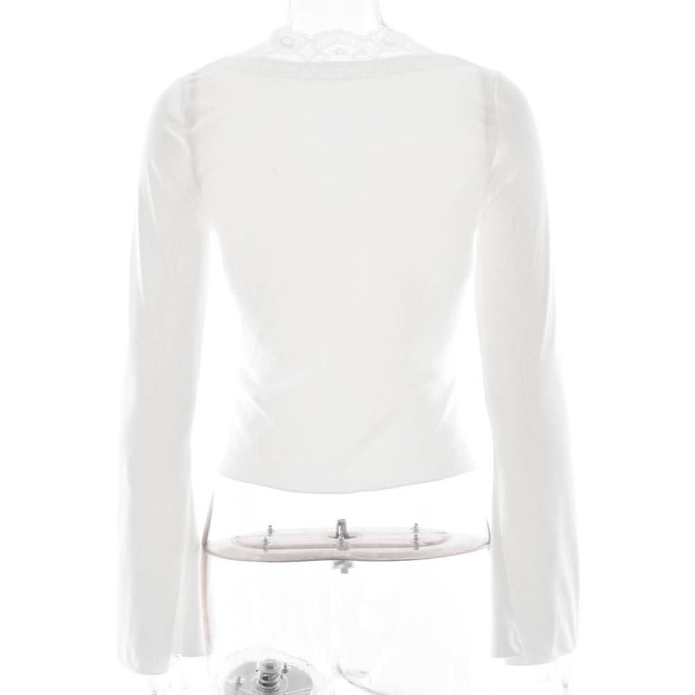 Long sleeve deep V neck lace hem hollow out cut out top