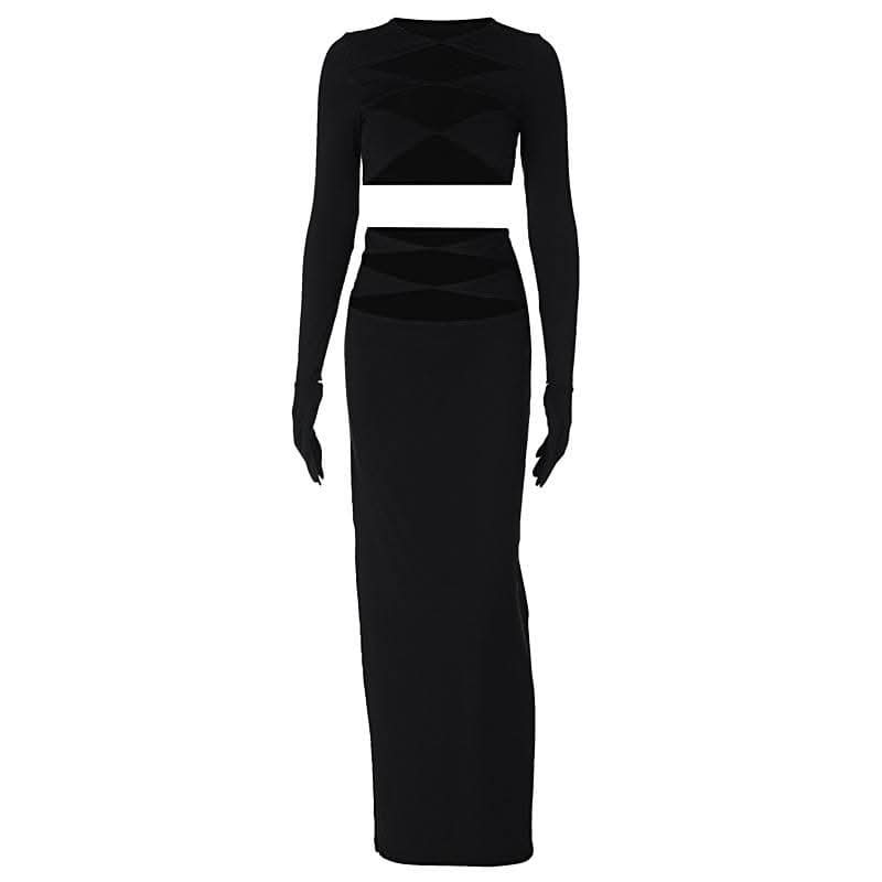 Long sleeve crewneck gloves hollow out solid maxi skirt set-final-sale