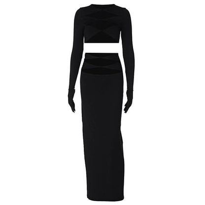 Long sleeve crewneck gloves hollow out solid maxi skirt set-final-sale