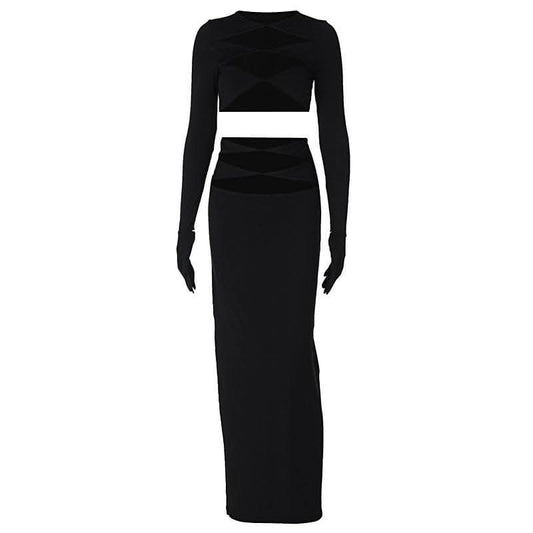 Long sleeve crewneck gloves hollow out solid maxi skirt set-final-sale