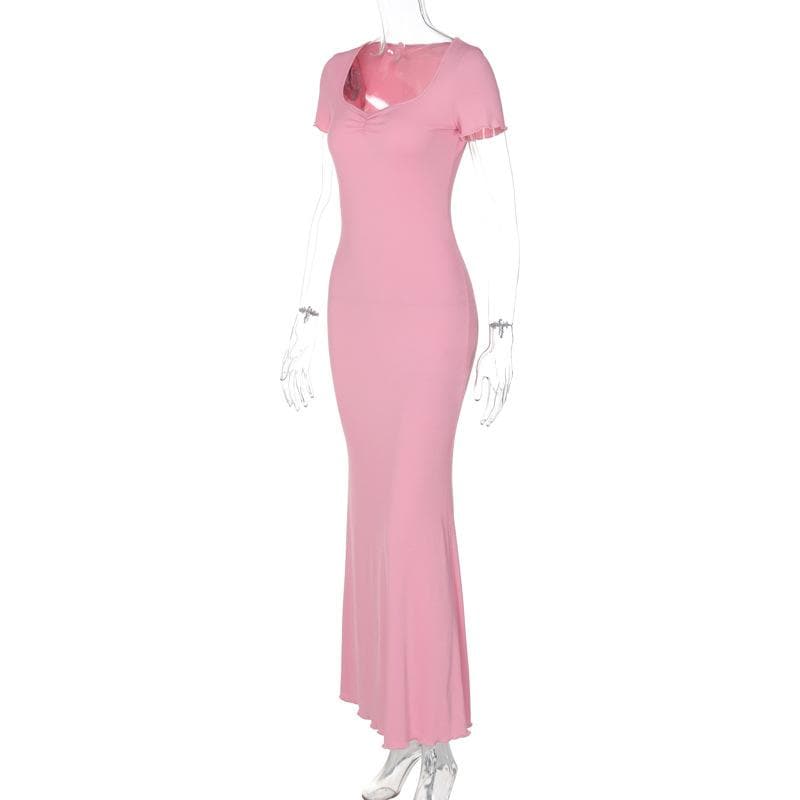 Short sleeve heart neck ruched ribbed solid maxi dress