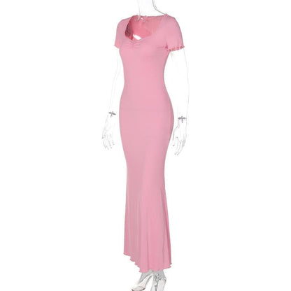 Short sleeve heart neck ruched ribbed solid maxi dress