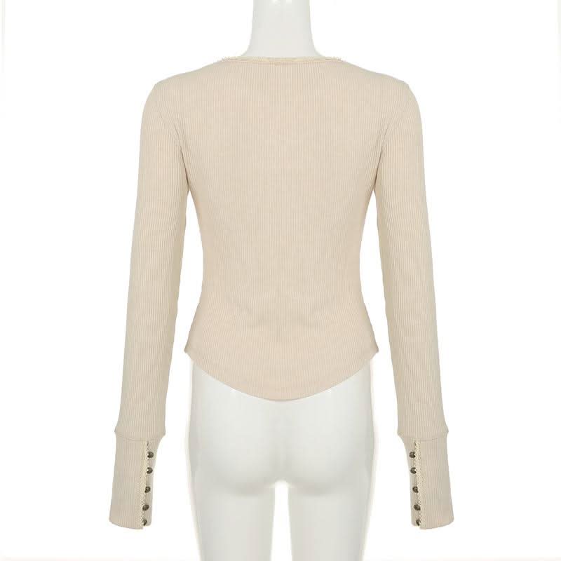 Round neck long sleeve lace ribbed solid top