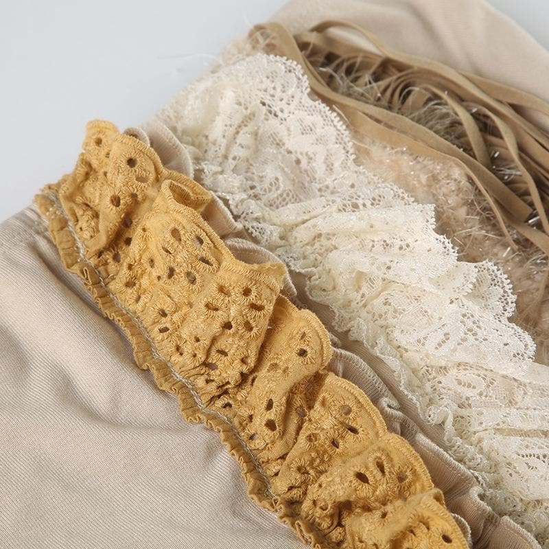 Lace hem backless tassels ruffle tube top