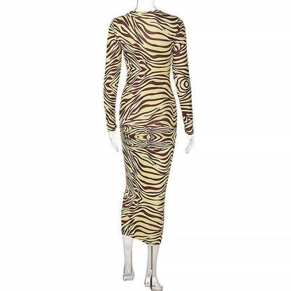 Long Sleeve Lace Up Zebra Print Bodycon Maxi Dress