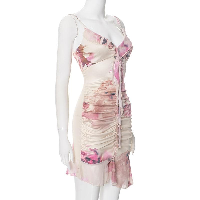 Ruffle v neck print ruched backless cami mini dress