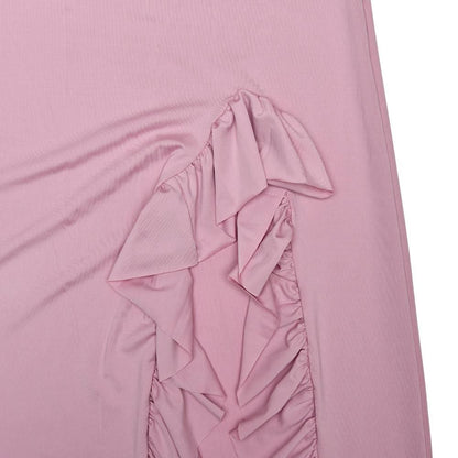 Long sleeve ruffle slit lace hem shrug 2 piece maxi dress