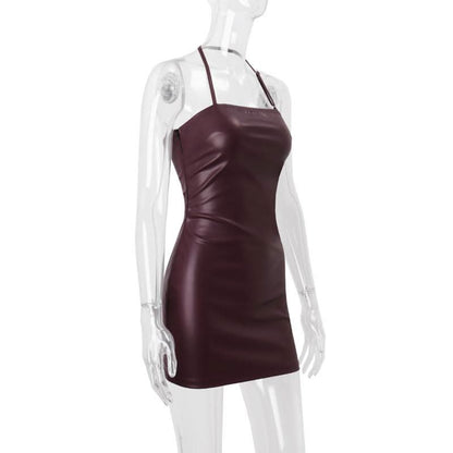 Halter PU leather mini dress