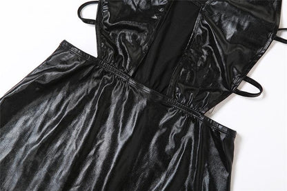 PU Leather Plunge Neck Side Cutout Spaghetti Strap Mini Dress