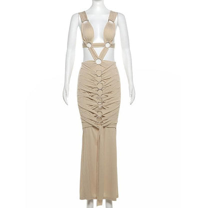 O ring textured hollow out self tie ruched tank cut out maxi dress