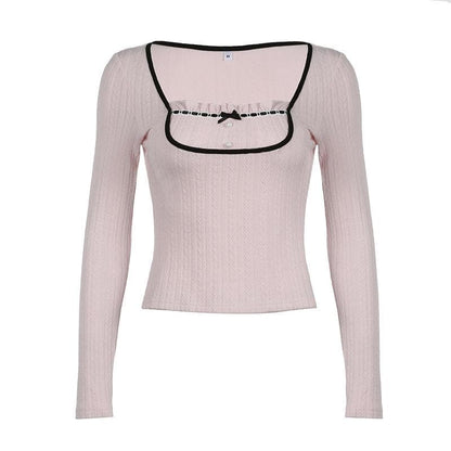 Long sleeve ruffle bowknot ribbed top