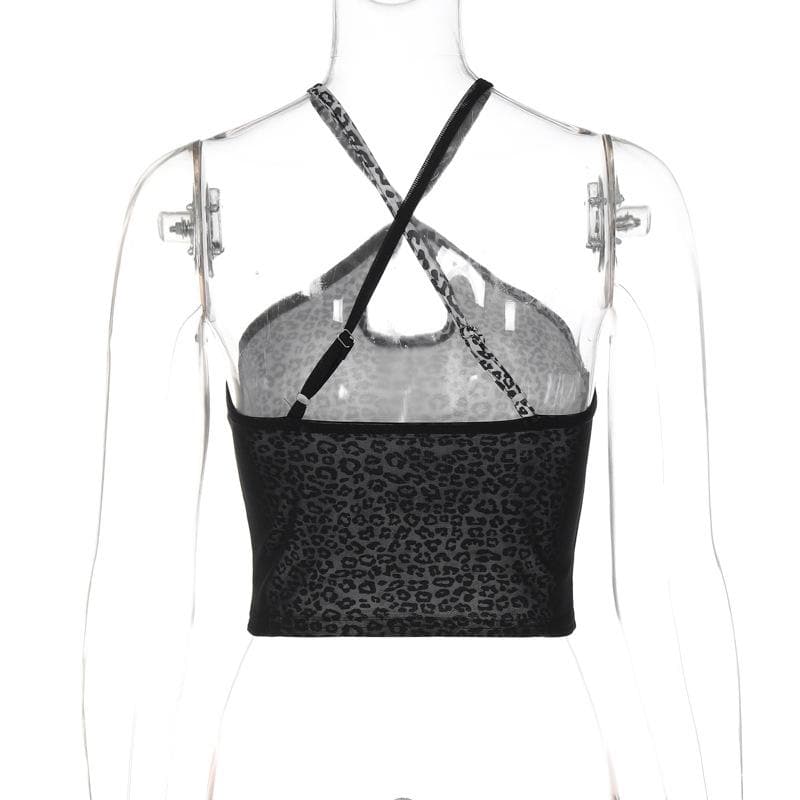 Leopard print cross front hollow out cami cut out top