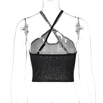 Leopard print cross front hollow out cami cut out top