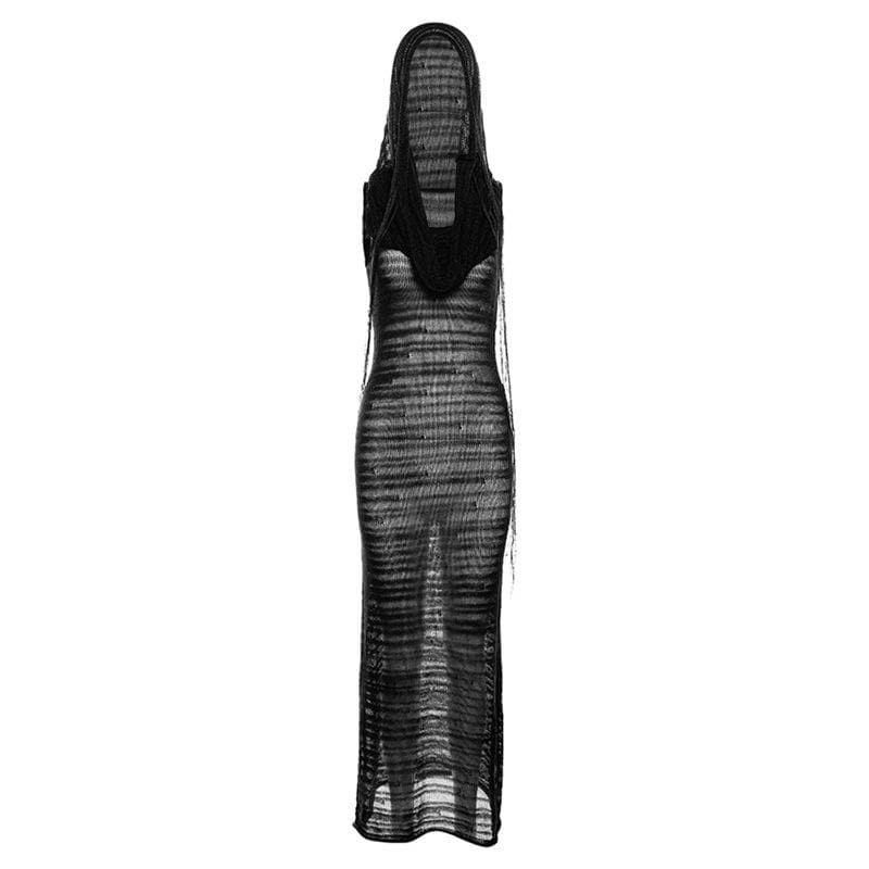 Crochet solid hoodie sleeveless see through maxi dress-final-sale
