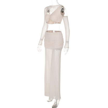 Long sleeve mesh patchwork ruched maxi skirt set