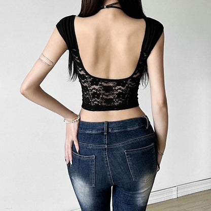 V neck ruched lace bowknot letter pattern backless top