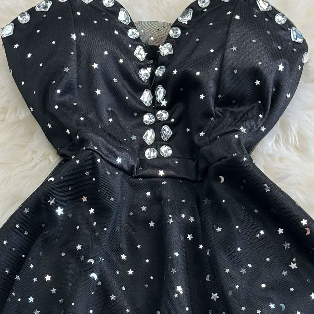 Sweetheart neck beaded glitter mesh mini dress
