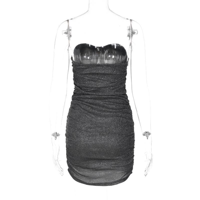 Strapless All-Over Ruched Glitter Knit Bodycon Tube Mini Dress