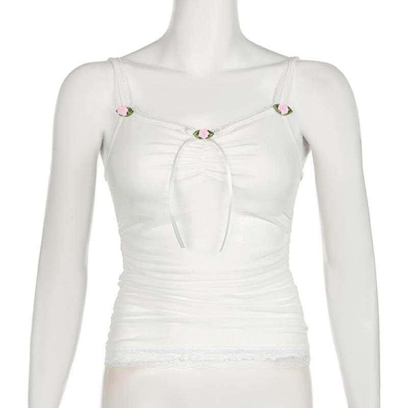 Flower applique ribbon ruched lace hem cami top