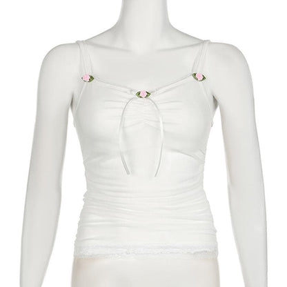 Flower applique ribbon ruched lace hem cami top