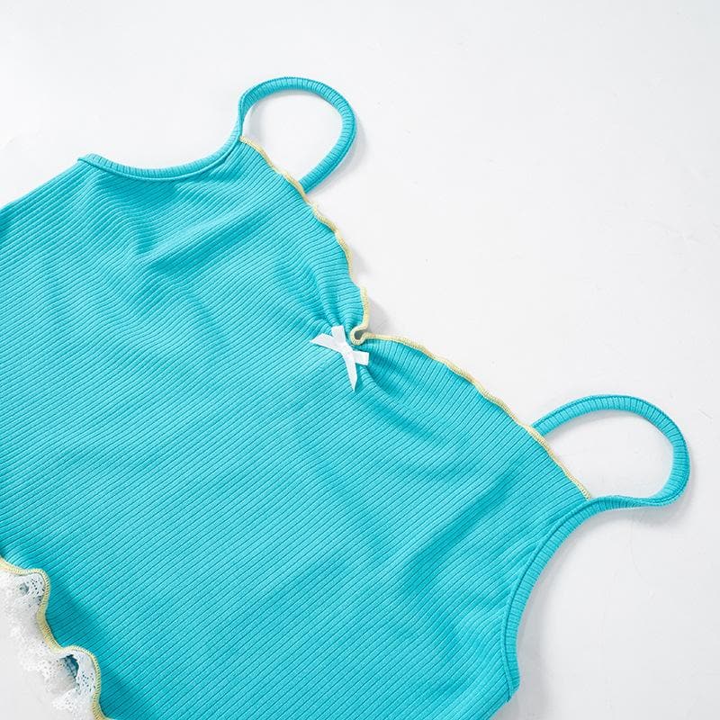 Lace hem ruffle bowknot ribbed cami crop top