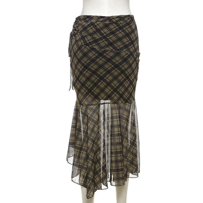 Plaid ruched drawstring mesh irregular midi skirt
