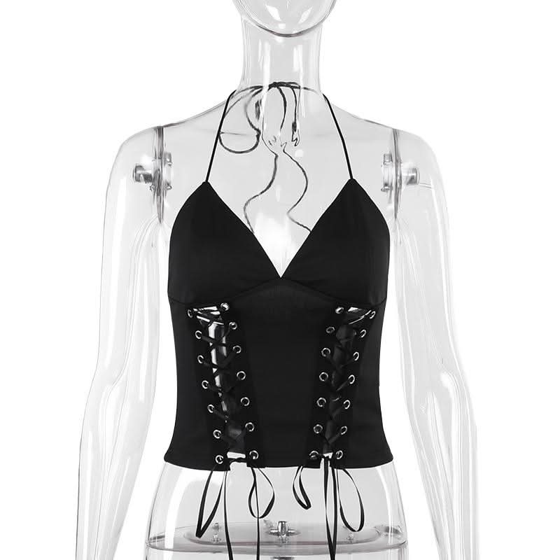 Halter self tie v neck lace up backless solid top