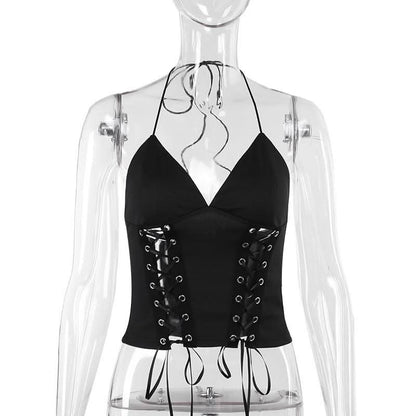 Halter self tie v neck lace up backless solid top