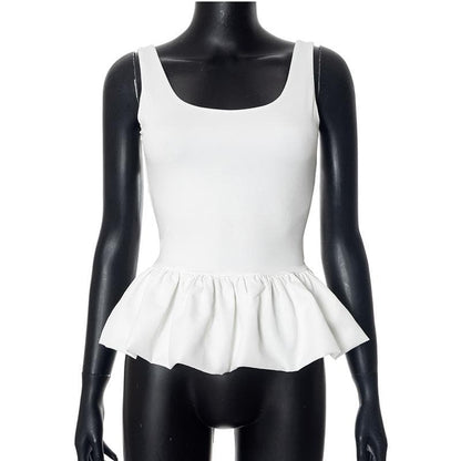 U neck backless ruffle ruched solid tank top
