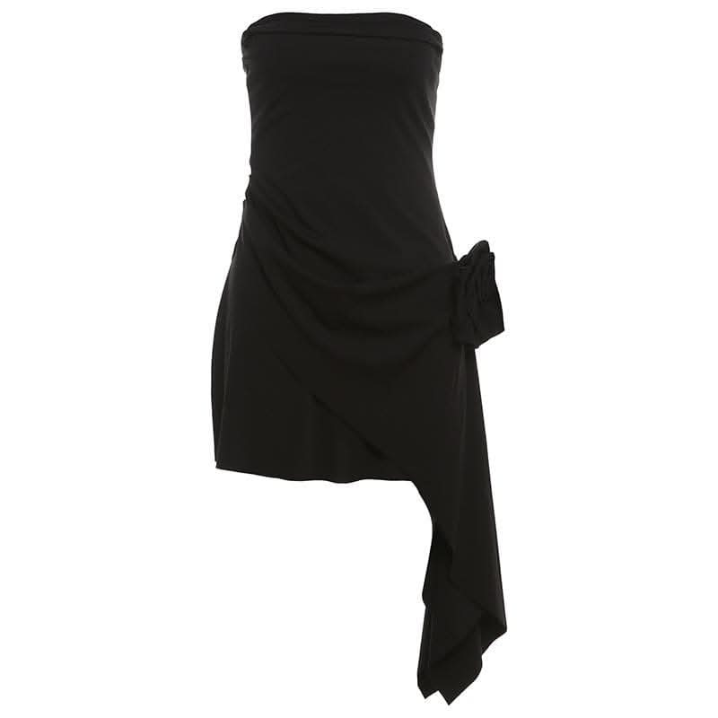 Flower applique ruched tube mini dress-final-sale