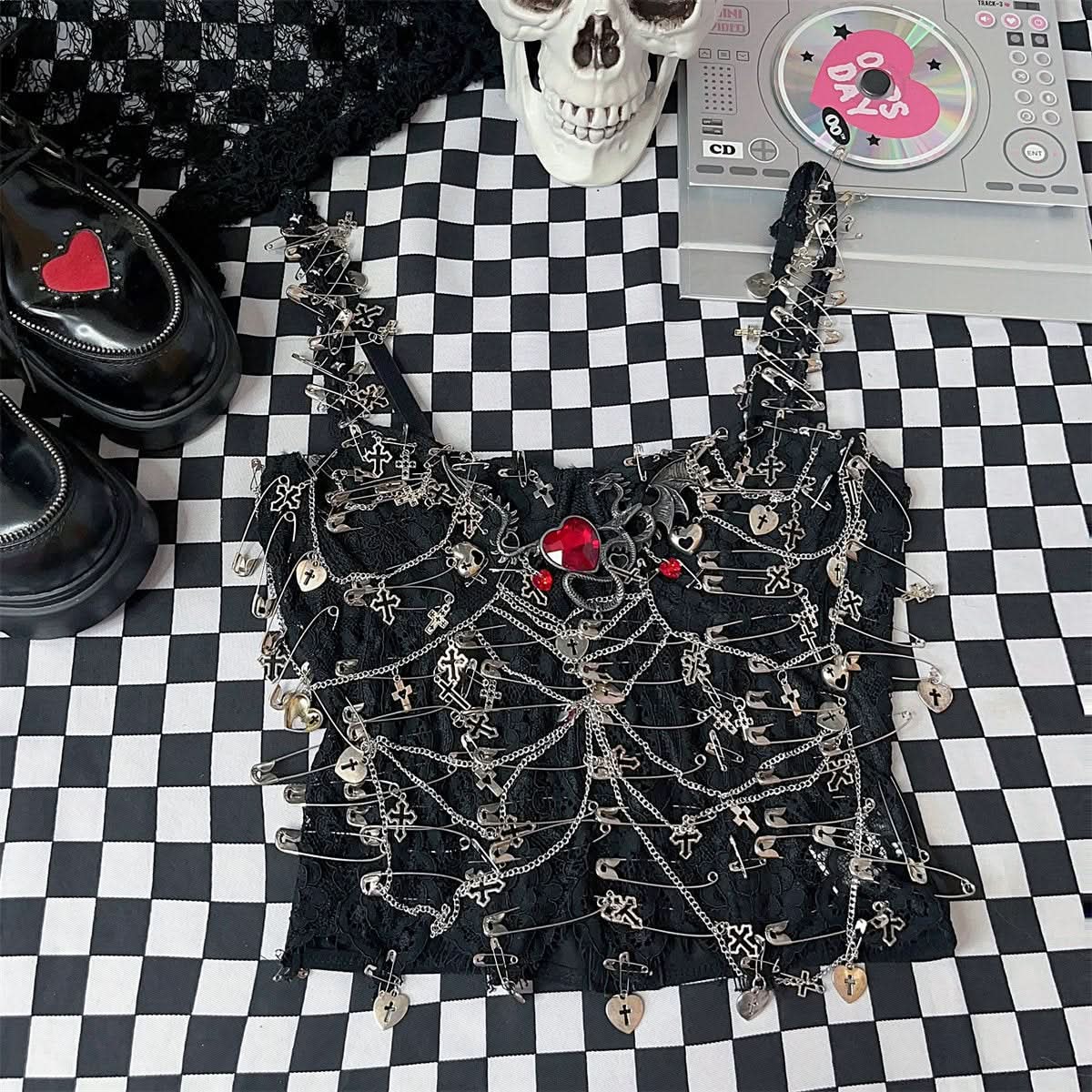 Metal chain love applique v neck hollow out cami cut out top