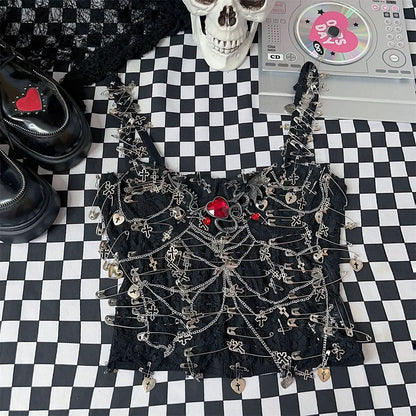Metal chain love applique v neck hollow out cami cut out top