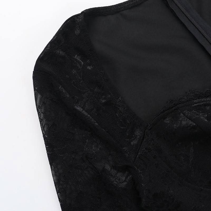 Long sleeve hollow out lace zip-up cut out mini dress