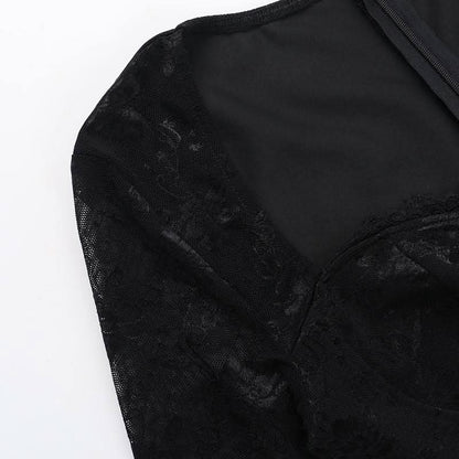 Long sleeve hollow out lace zip-up cut out mini dress