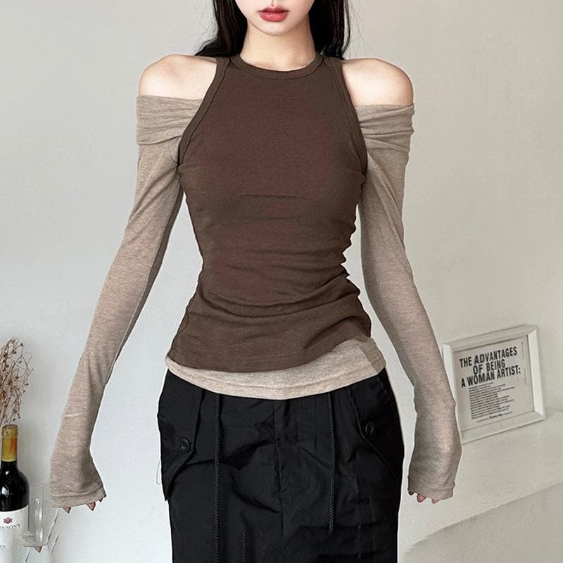 Contrast long sleeve 2-way off shoulder 2 piece top