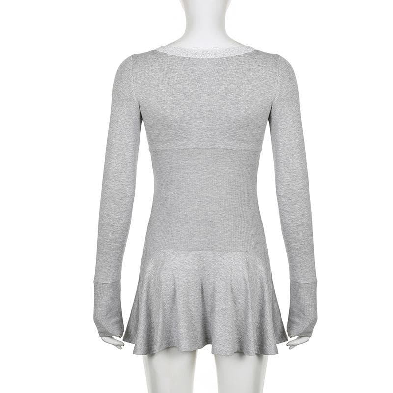 Lace Trim Scoop Neck Bow Empire Waist Ribbed Long Sleeve Flared Mini Dress
