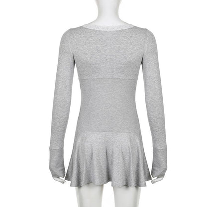Lace Trim Scoop Neck Bow Empire Waist Ribbed Long Sleeve Flared Mini Dress