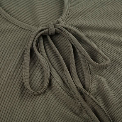 U neck self tie hollow out solid cut out maxi dress