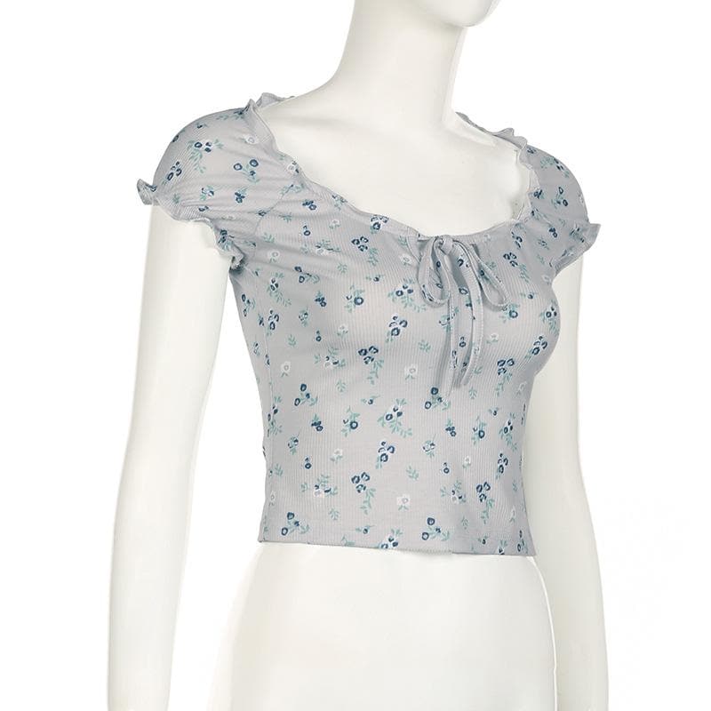Short sleeve knotted ruffle ribbed print top