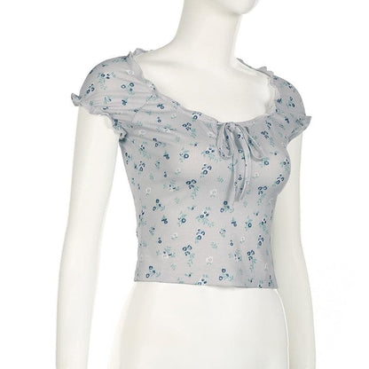 Short sleeve knotted ruffle ribbed print top