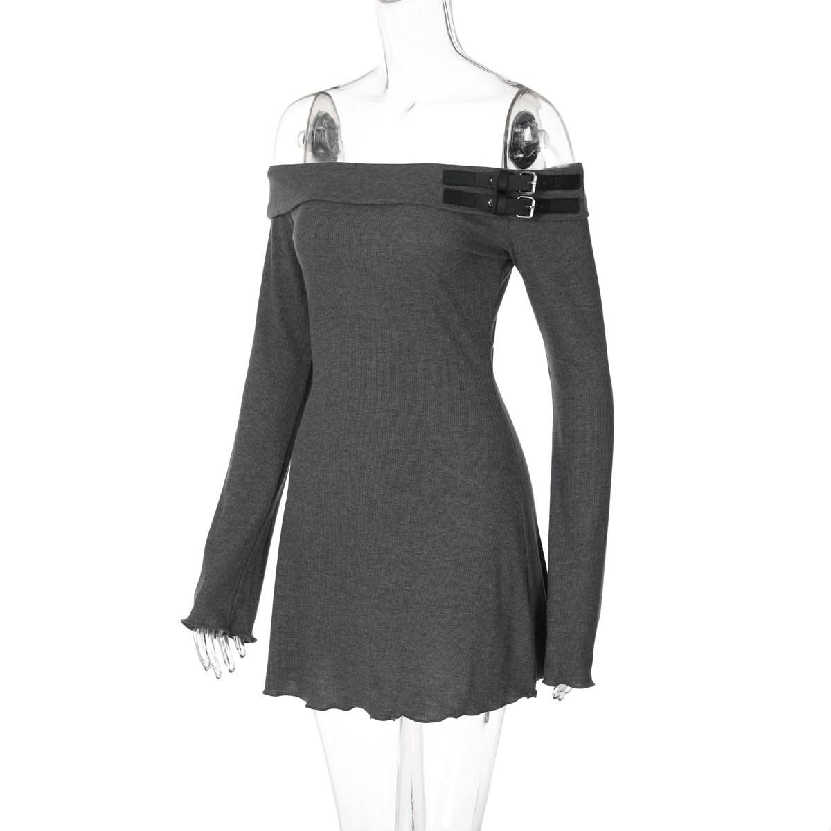 Off shoulder long sleeve buckle mini dress