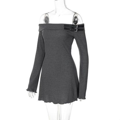 Off shoulder long sleeve buckle mini dress