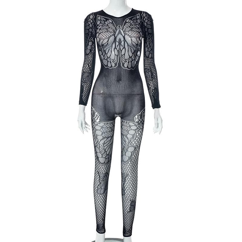 Butterfly pattern fishnet long sleeve solid jumpsuit