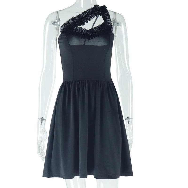 One shoulder ruffle hollow out ruched cami cut out mini dress