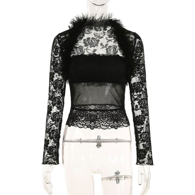 Long sleeve fluffy shrug lace tube 2 piece top