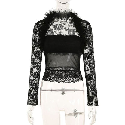 Long sleeve fluffy shrug lace tube 2 piece top