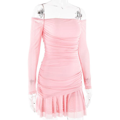 Long sleeve off shoulder ruched mesh mini dress