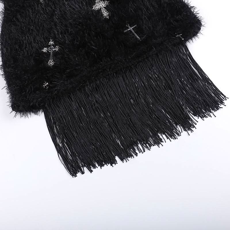 Fluffy cross pendant tassels mini skirt
